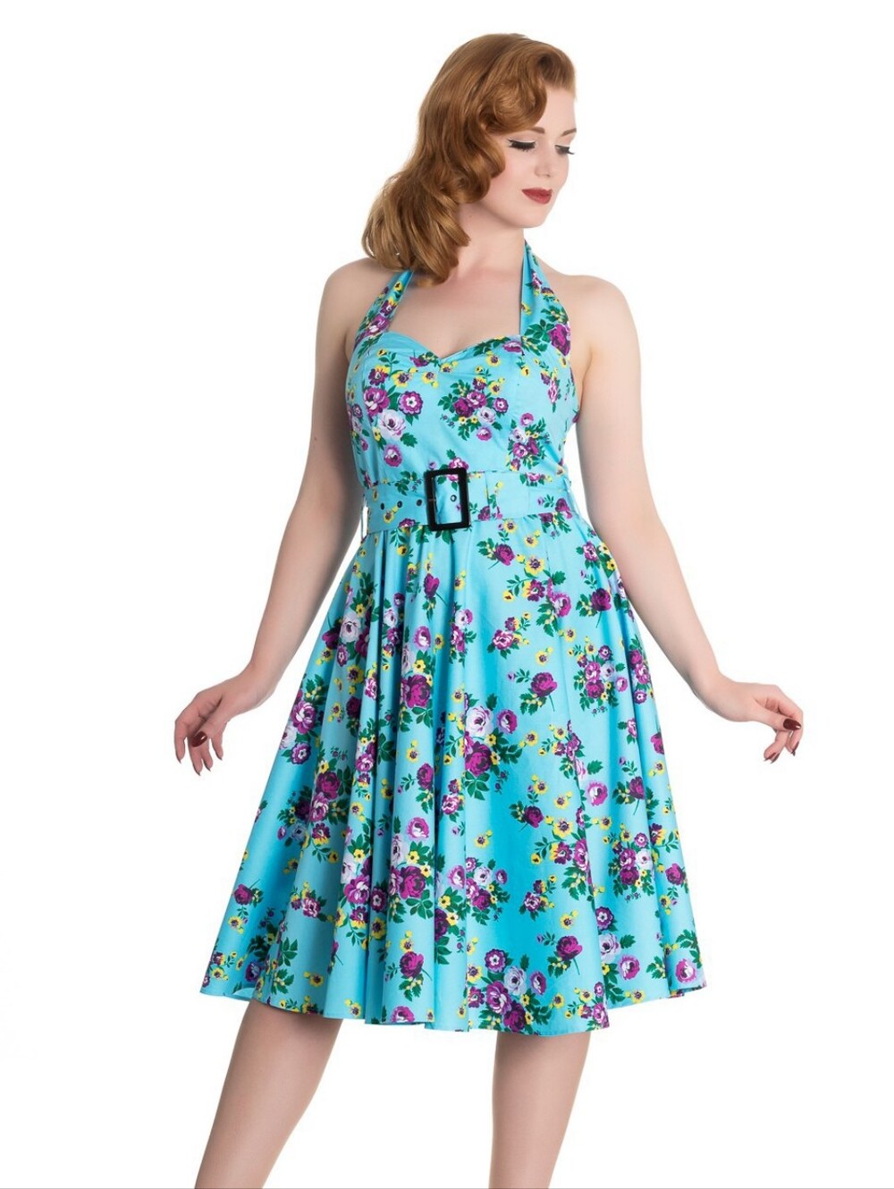 Floral Halter Midi Dress in Light Blue with Belt